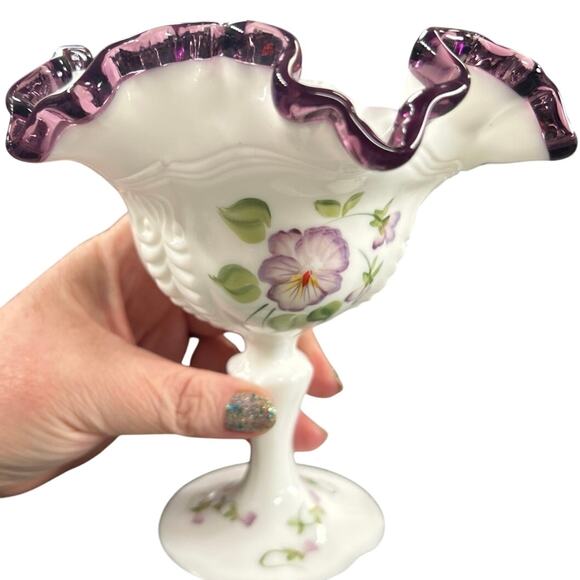 Fenton Amethyst Purple Crest Hand Painted Pansies Compote Signed - Picture 1 of 5